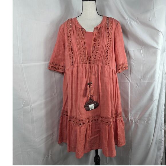 Knox Rose Dress Women L Salmon Cotton Boho Crochet Trim Tassel Peasant Dress NWT - Picture 2 of 14